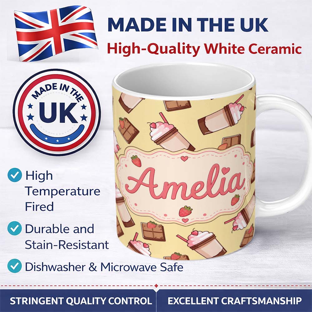 Personalized Custom Name Cute Chocolate Milkshake Strawberry Sweet Drink Seamless Pattern 11oz Ceramic Coffee Tea Mug White Large Handle