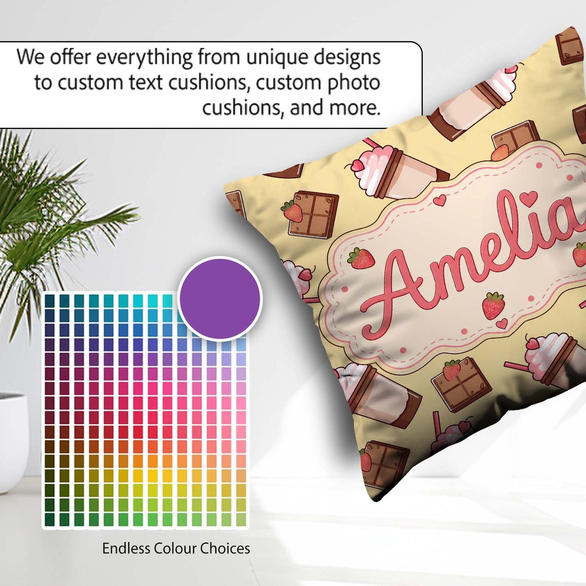 Custom Name Chocolate Milkshake Strawberry Sweet Drink Seamless Square Filled Cushion Throw Pillow Sofa Bed Home Decor Zip Washable UK Made