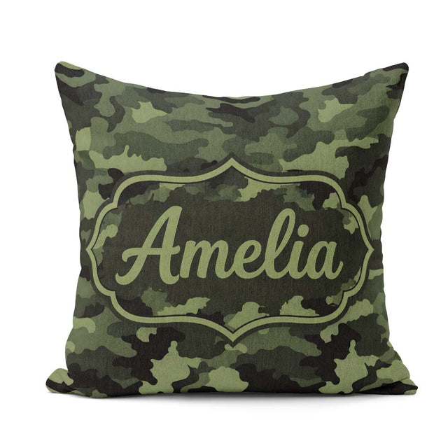 Custom Name Dark Green Military Camouflage Seamless Pattern Cute Square Filled Cushion Throw Pillow Sofa Bed Home Decor Zip Washable UK Made