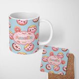 Personalized Custom Name Cute Kawaii Donuts Sky Blue Frosted Sweet Dessert Seamless Pattern 11oz Ceramic Coffee Tea Mug White Large Handle