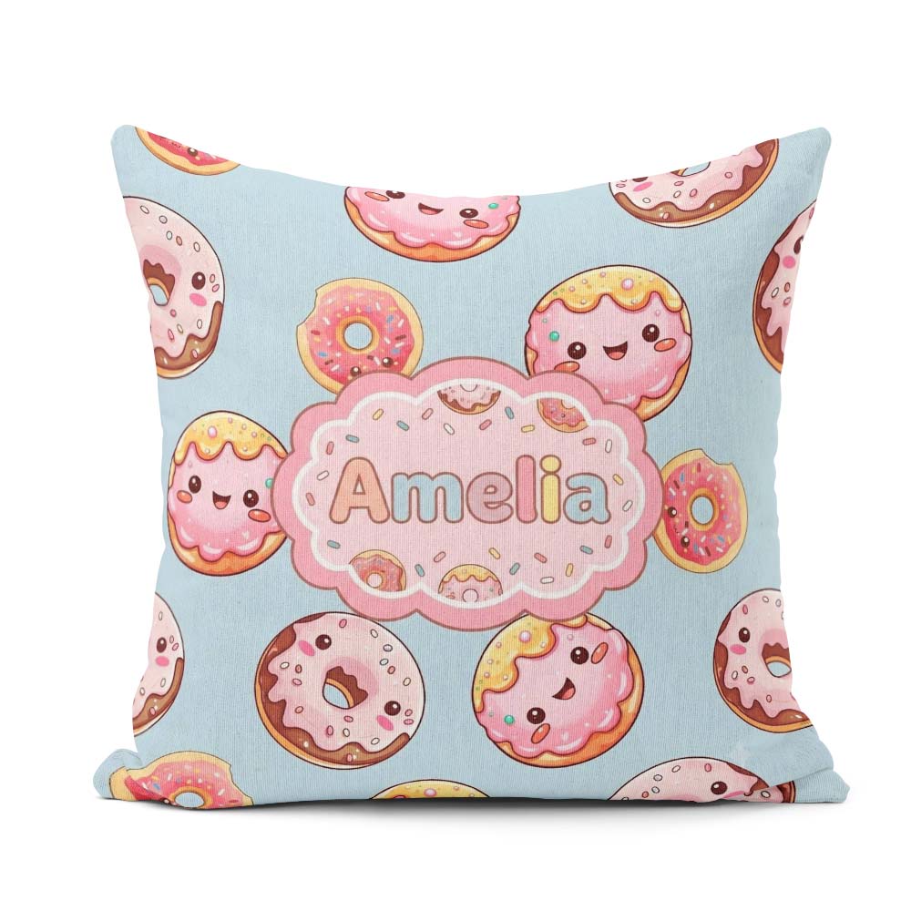 Custom Name Kawaii Donuts Sky Blue Frosted Sweet Dessert Pattern Square Filled Cushion Throw Pillow Sofa Bed Home Decor Zip Washable UK Made