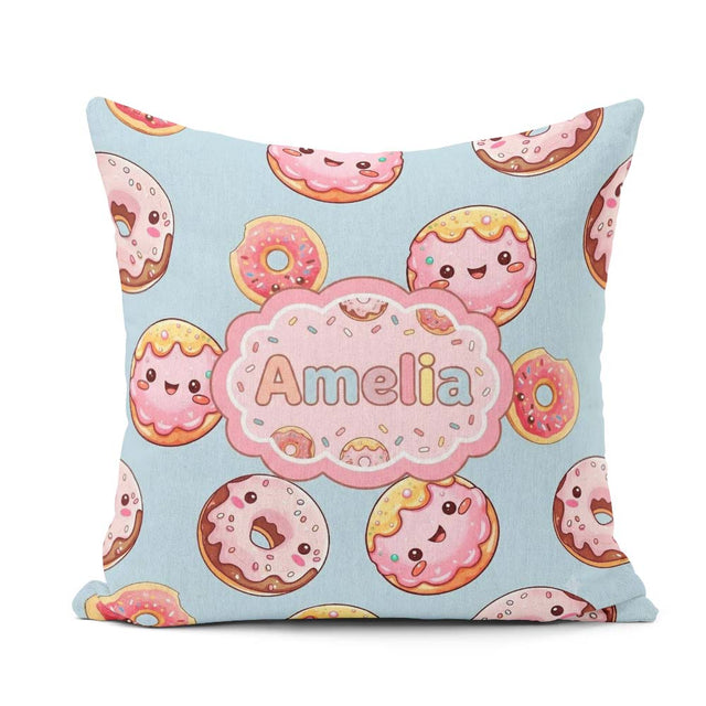 Custom Name Kawaii Donuts Sky Blue Frosted Sweet Dessert Pattern Square Filled Cushion Throw Pillow Sofa Bed Home Decor Zip Washable UK Made