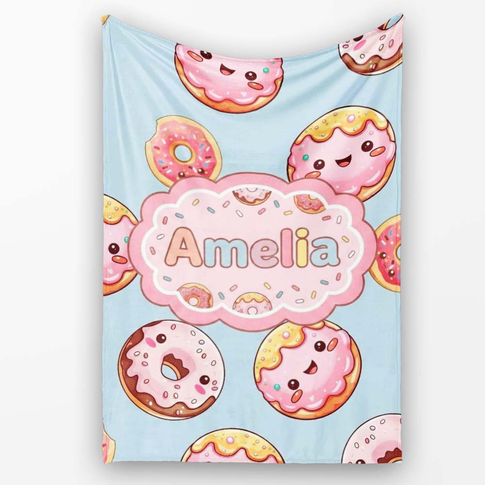 Cute Kawaii Donuts Sky Blue Frosted Sweet Dessert Seamless Pattern  Personalised Custom Name Super Soft Fleece Blanket Bed Sofa Throw