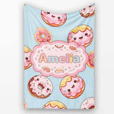 Cute Kawaii Donuts Sky Blue Frosted Sweet Dessert Seamless Pattern  Personalised Custom Name Super Soft Fleece Blanket Bed Sofa Throw