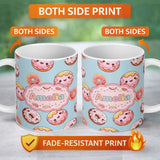Personalized Custom Name Cute Kawaii Donuts Sky Blue Frosted Sweet Dessert Seamless Pattern 11oz Ceramic Coffee Tea Mug White Large Handle