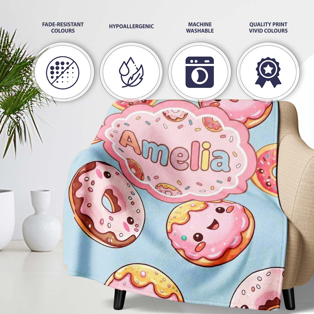 Cute Kawaii Donuts Sky Blue Frosted Sweet Dessert Seamless Pattern  Personalised Custom Name Super Soft Fleece Blanket Bed Sofa Throw