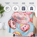 Cute Kawaii Donuts Sky Blue Frosted Sweet Dessert Seamless Pattern  Personalised Custom Name Super Soft Fleece Blanket Bed Sofa Throw