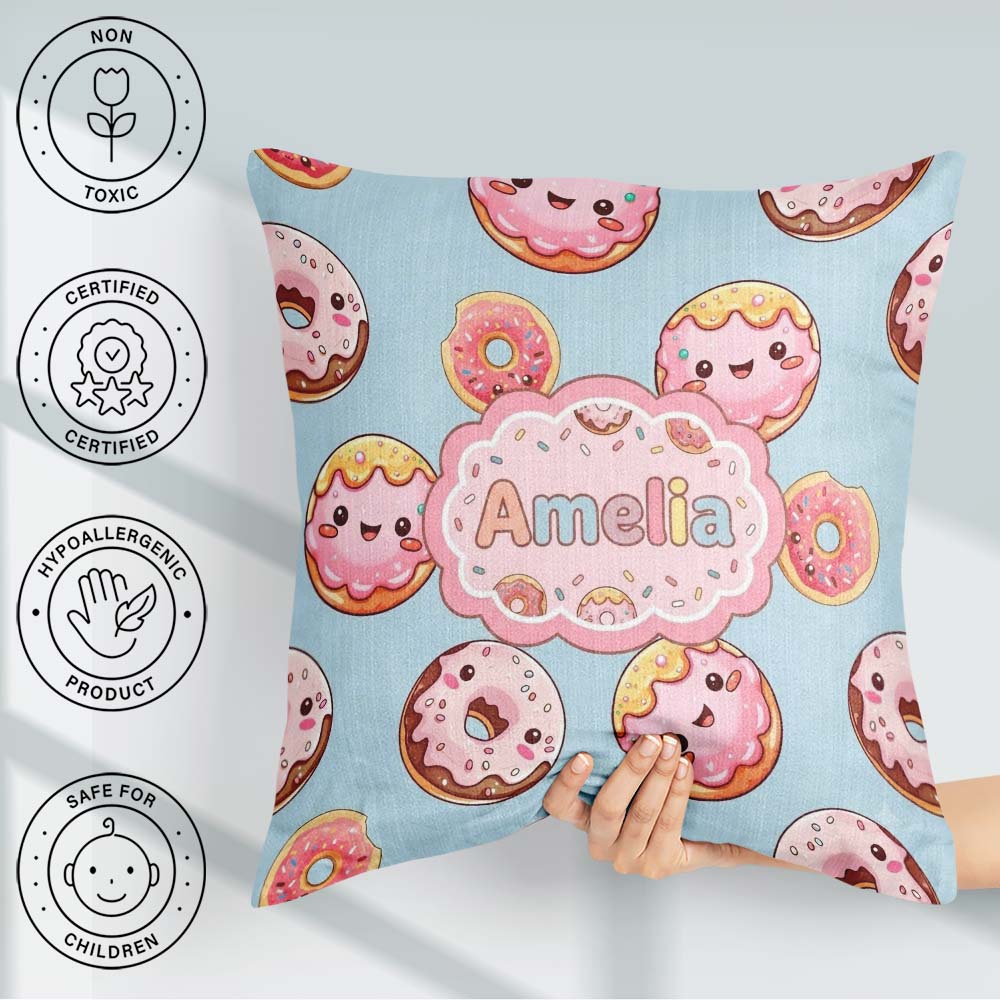 Custom Name Kawaii Donuts Sky Blue Frosted Sweet Dessert Pattern Square Filled Cushion Throw Pillow Sofa Bed Home Decor Zip Washable UK Made