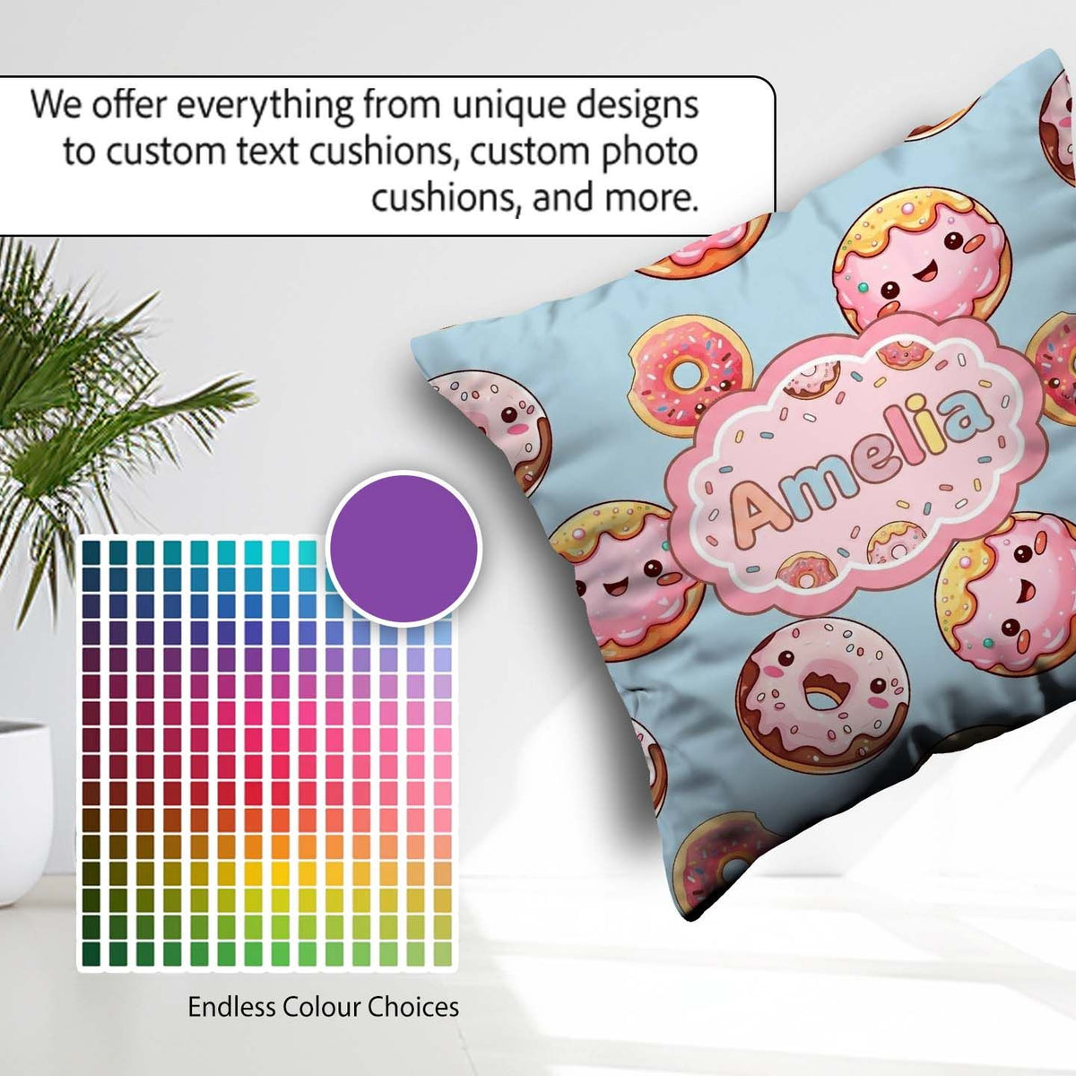 Custom Name Kawaii Donuts Sky Blue Frosted Sweet Dessert Pattern Square Filled Cushion Throw Pillow Sofa Bed Home Decor Zip Washable UK Made