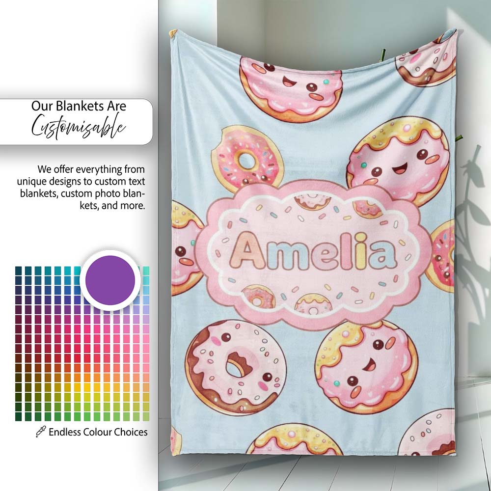 Cute Kawaii Donuts Sky Blue Frosted Sweet Dessert Seamless Pattern  Personalised Custom Name Super Soft Fleece Blanket Bed Sofa Throw