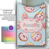 Cute Kawaii Donuts Sky Blue Frosted Sweet Dessert Seamless Pattern  Personalised Custom Name Super Soft Fleece Blanket Bed Sofa Throw