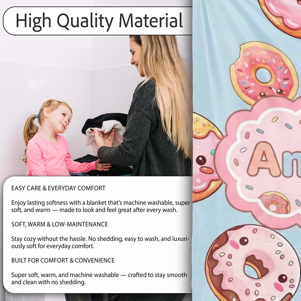 Cute Kawaii Donuts Sky Blue Frosted Sweet Dessert Seamless Pattern  Personalised Custom Name Super Soft Fleece Blanket Bed Sofa Throw