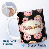 Personalized Custom Name Cute Kawaii Donuts Black Background Sweet Dessert Seamless Pattern 11oz Ceramic Coffee Tea Mug White Large Handle