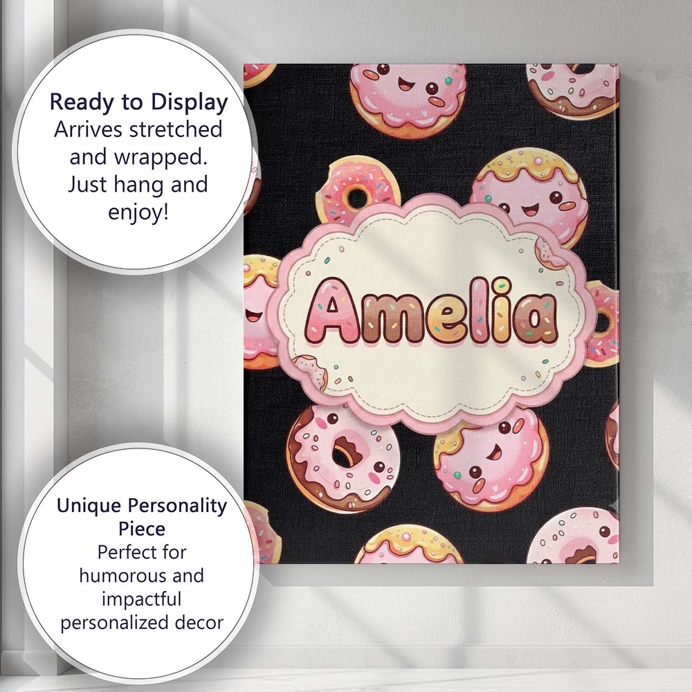 Personalised Name Cute Kawaii Donuts Black Custom  Unique Gift Idea Elegant Feature Canvas Wall Art Print Decor Picture Ready to Hang