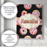 Personalised Name Cute Kawaii Donuts Black Custom  Unique Gift Idea Elegant Feature Canvas Wall Art Print Decor Picture Ready to Hang