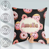 Custom Name Kawaii Donuts Black Background Sweet Dessert Pattern Square Filled Cushion Throw Pillow Sofa Bed Home Decor Zip Washable UK Made