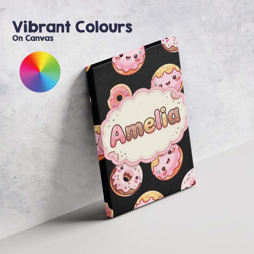 Personalised Name Cute Kawaii Donuts Black Custom  Unique Gift Idea Elegant Feature Canvas Wall Art Print Decor Picture Ready to Hang