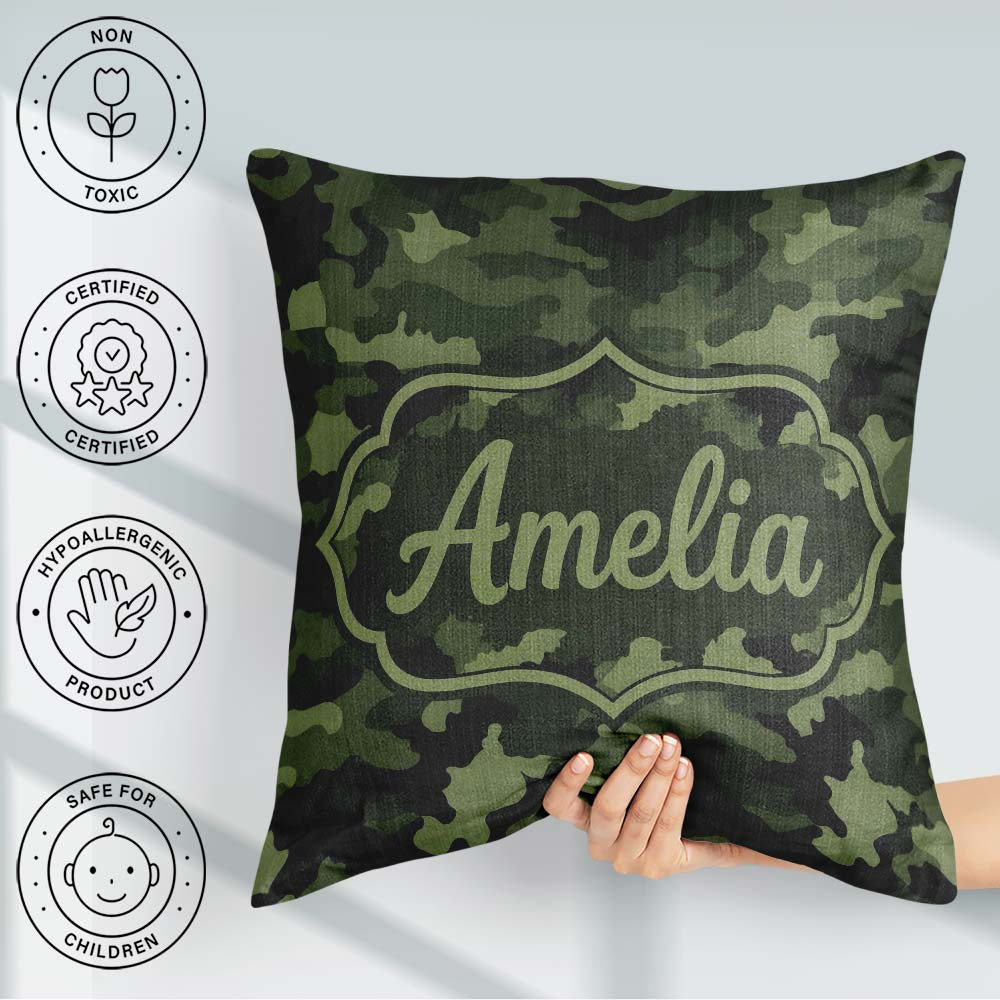Custom Name Dark Green Military Camouflage Seamless Pattern Cute Square Filled Cushion Throw Pillow Sofa Bed Home Decor Zip Washable UK Made