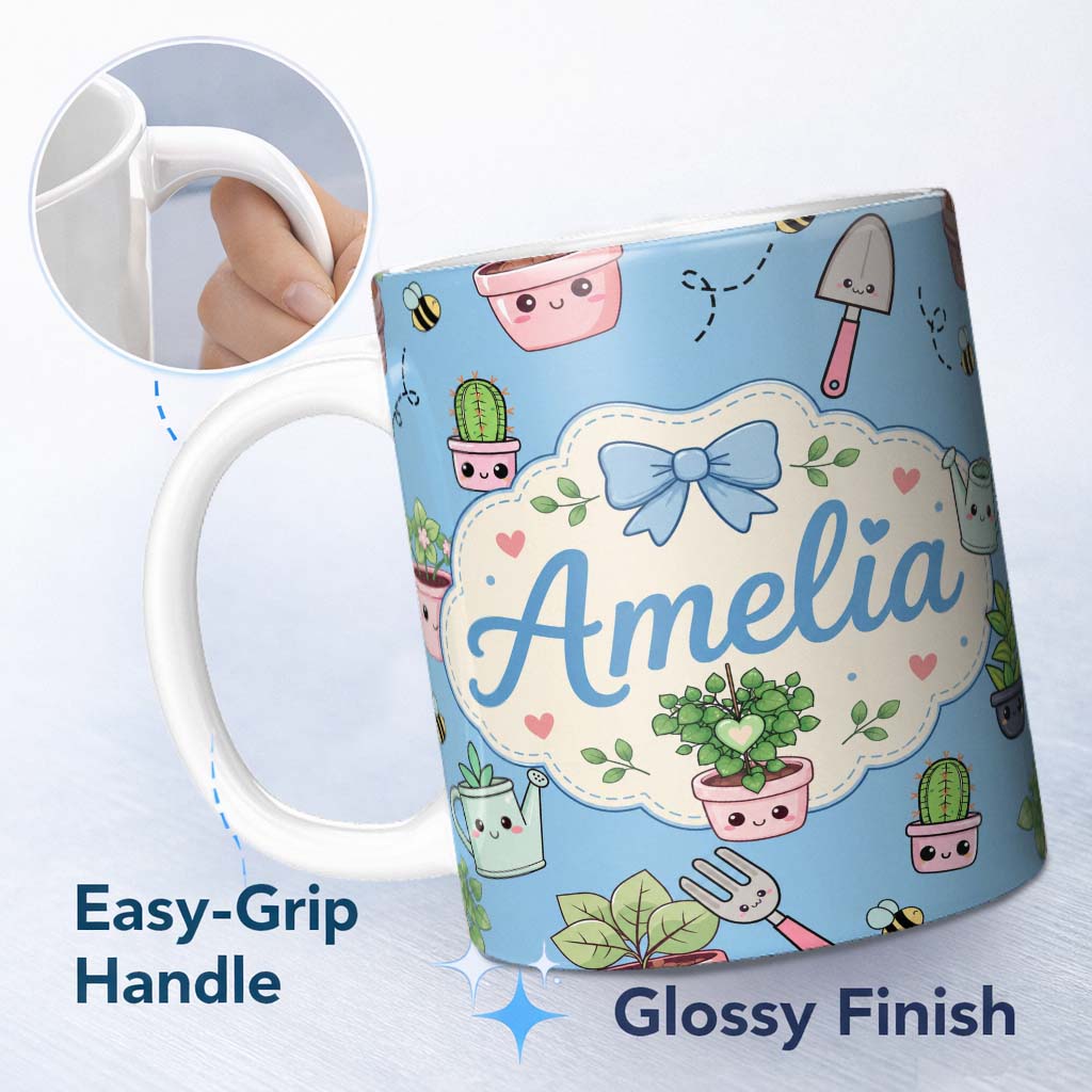 Personalized Custom Name Cute Kawaii Garden Tools Plants Bees Seamless Pattern Blue Lovely 11oz Ceramic Coffee Tea Mug White Large Handle