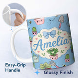 Personalized Custom Name Cute Kawaii Garden Tools Plants Bees Seamless Pattern Blue Lovely 11oz Ceramic Coffee Tea Mug White Large Handle