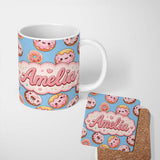 Personalized Custom Name Cute Kawaii Donuts Blue Background Sweet Dessert Seamless Pattern 11oz Ceramic Coffee Tea Mug White Large Handle