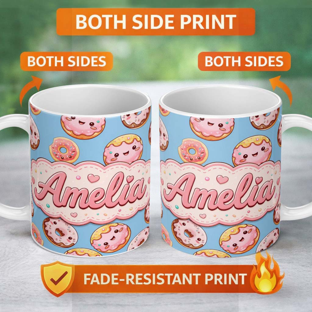 Personalized Custom Name Cute Kawaii Donuts Blue Background Sweet Dessert Seamless Pattern 11oz Ceramic Coffee Tea Mug White Large Handle