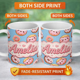 Personalized Custom Name Cute Kawaii Donuts Blue Background Sweet Dessert Seamless Pattern 11oz Ceramic Coffee Tea Mug White Large Handle