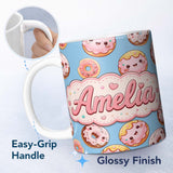 Personalized Custom Name Cute Kawaii Donuts Blue Background Sweet Dessert Seamless Pattern 11oz Ceramic Coffee Tea Mug White Large Handle