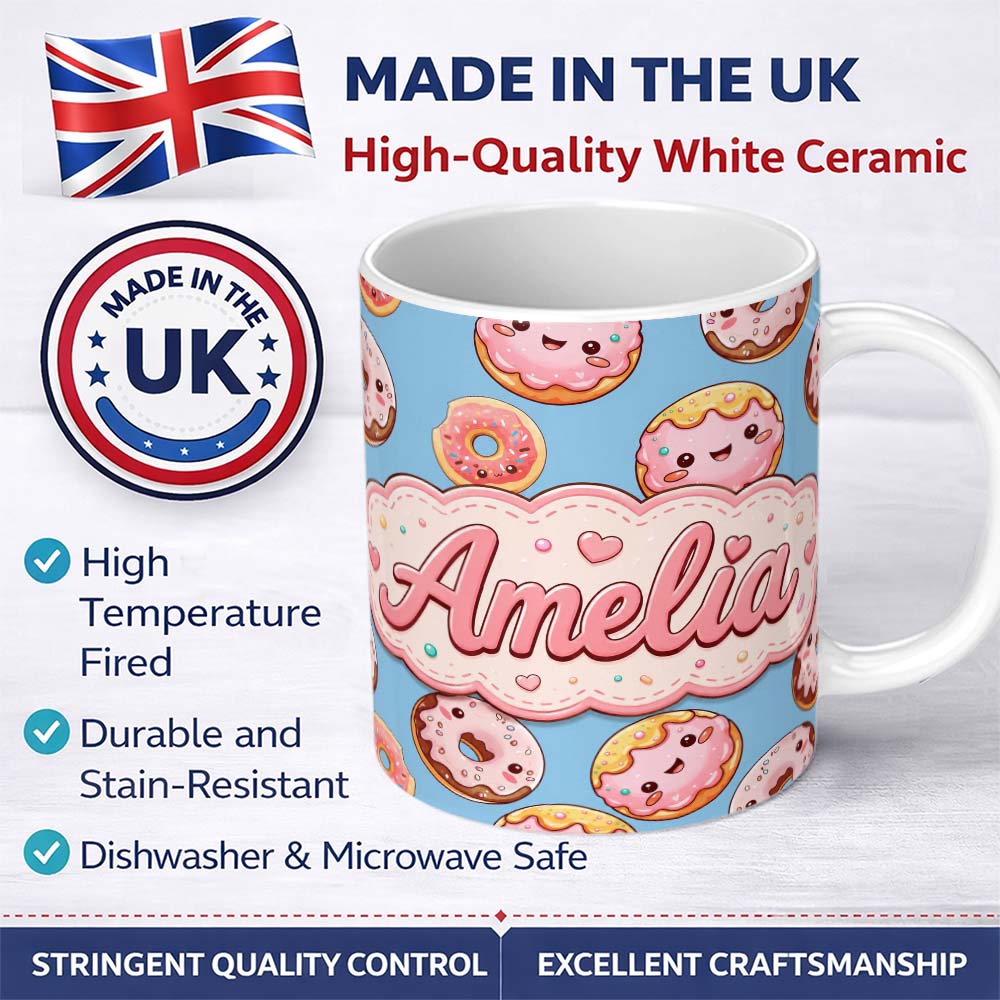Personalized Custom Name Cute Kawaii Donuts Blue Background Sweet Dessert Seamless Pattern 11oz Ceramic Coffee Tea Mug White Large Handle