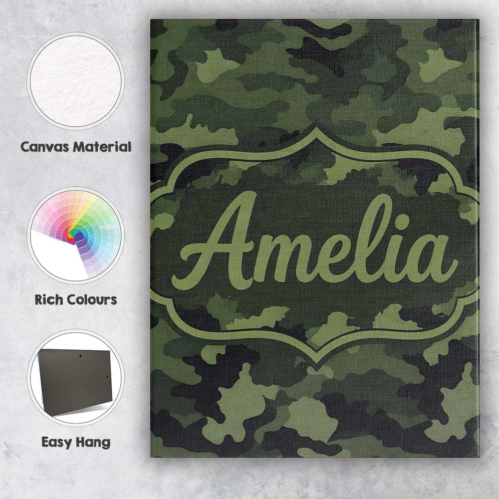 Personalised Name Dark Green Military Camouflage Seamless Pattern Custom  Bespoke Canvas Wall Art Print Decor Picture Ready to Hang