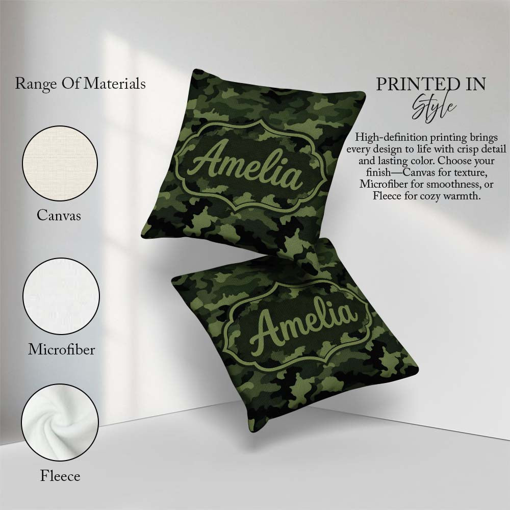 Custom Name Dark Green Military Camouflage Seamless Pattern Cute Square Filled Cushion Throw Pillow Sofa Bed Home Decor Zip Washable UK Made