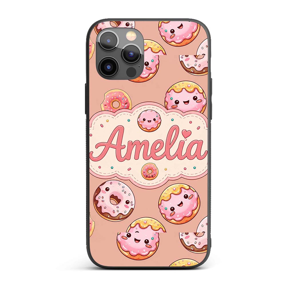Cute Kawaii Donuts Peach Background Sweet Dessert Custom Name Protective Phone Case Mobile Cover Durable Everyday Smartphone Shock Resistant