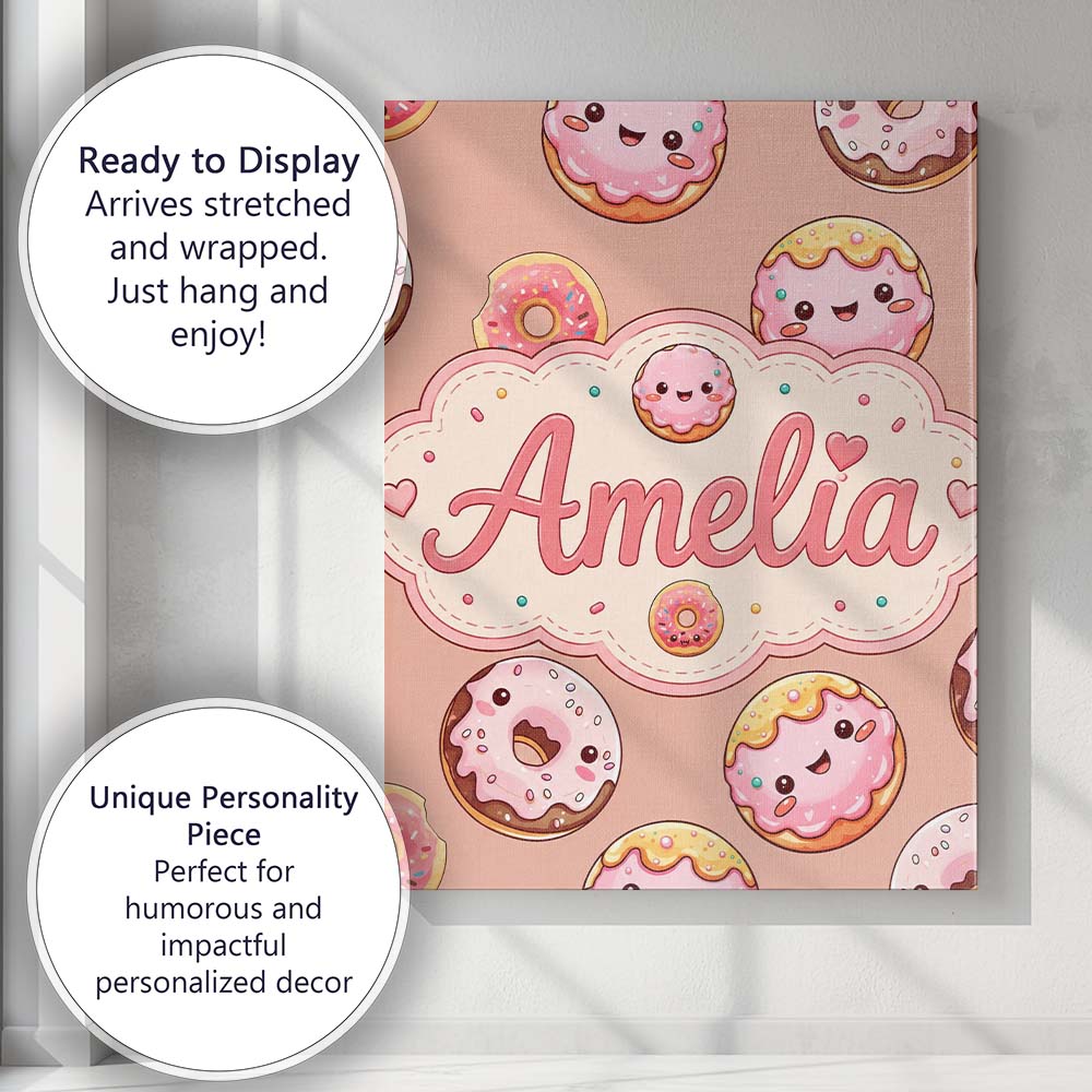 Personalised Name Cute Kawaii Donuts Peach Custom  Unique Gift Idea Elegant Feature Canvas Wall Art Print Decor Picture Ready to Hang