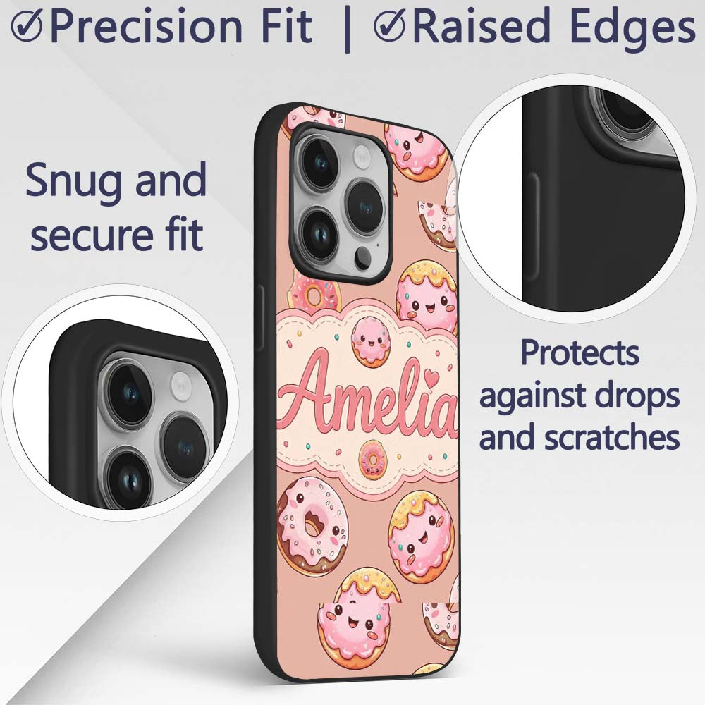 Cute Kawaii Donuts Peach Background Sweet Dessert Custom Name Protective Phone Case Mobile Cover Durable Everyday Smartphone Shock Resistant