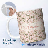 Personalized Custom Name Soft Blush Pink Cherry Blossom Floral Seamless Pattern Lovely 11oz Ceramic Coffee Tea Mug White Large Handle