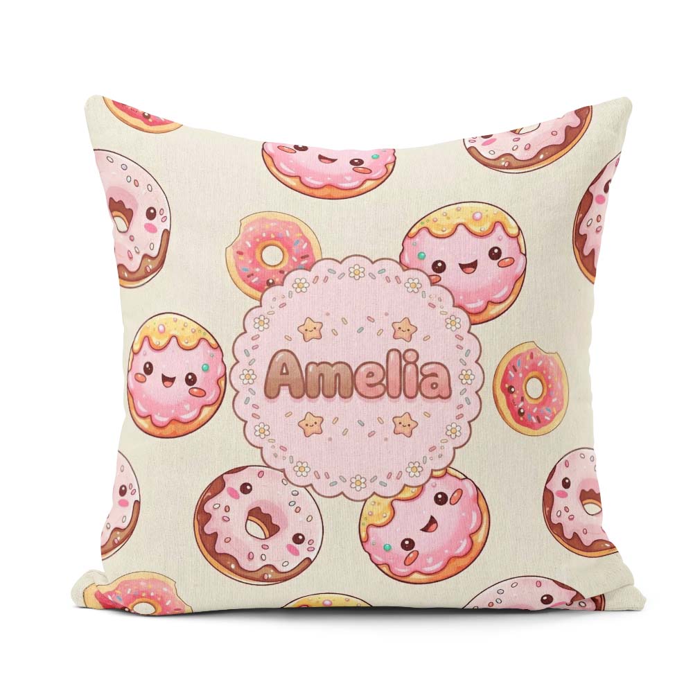 Custom Name Kawaii Donuts Cream Background Sweet Dessert Pattern Square Filled Cushion Throw Pillow Sofa Bed Home Decor Zip Washable UK Made