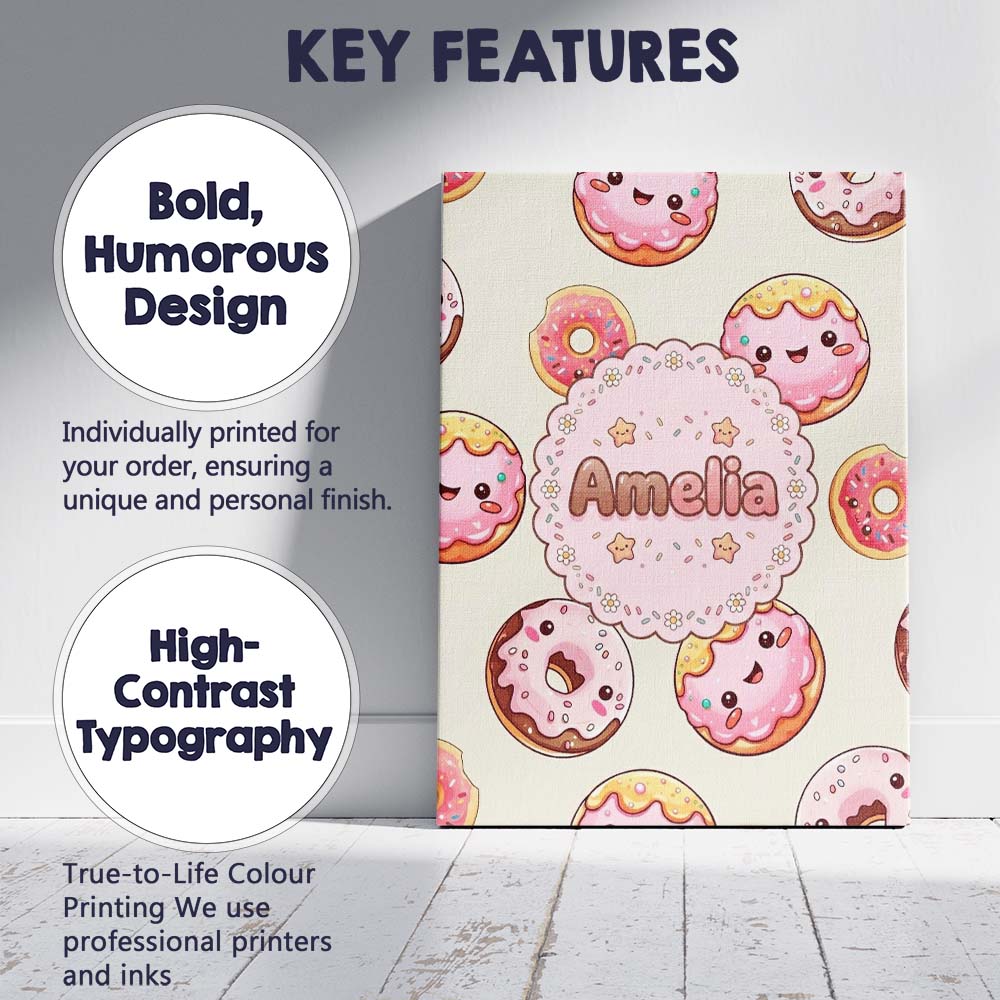 Personalised Name Cute Kawaii Donuts Cream Custom  Unique Gift Idea Elegant Feature Canvas Wall Art Print Decor Picture Ready to Hang