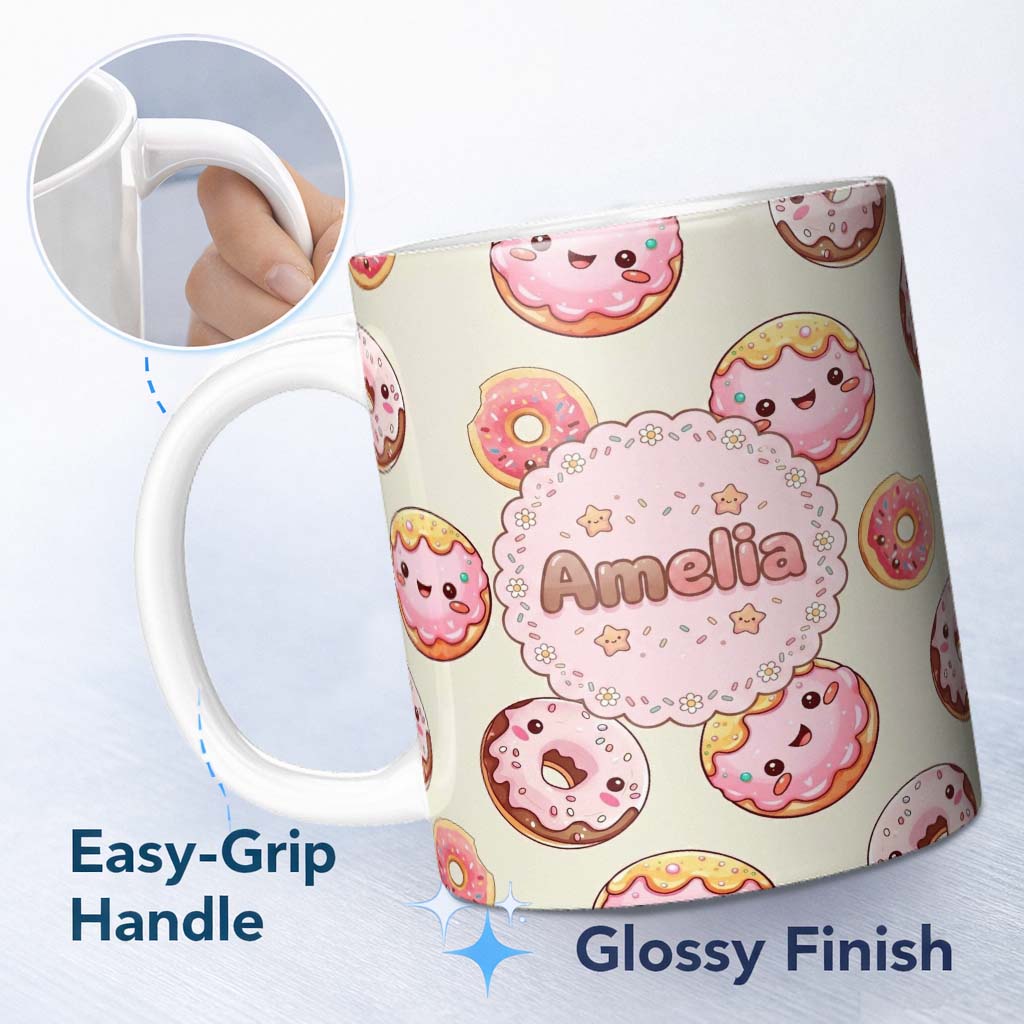 Personalized Custom Name Cute Kawaii Donuts Cream Background Sweet Dessert Seamless Pattern 11oz Ceramic Coffee Tea Mug White Large Handle