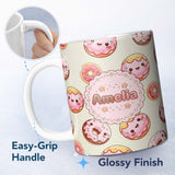 Personalized Custom Name Cute Kawaii Donuts Cream Background Sweet Dessert Seamless Pattern 11oz Ceramic Coffee Tea Mug White Large Handle
