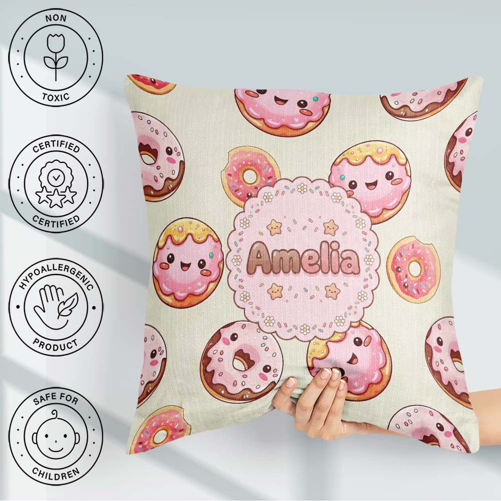 Custom Name Kawaii Donuts Cream Background Sweet Dessert Pattern Square Filled Cushion Throw Pillow Sofa Bed Home Decor Zip Washable UK Made
