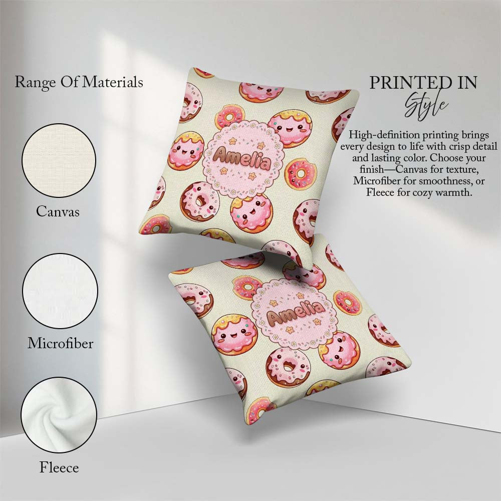 Custom Name Kawaii Donuts Cream Background Sweet Dessert Pattern Square Filled Cushion Throw Pillow Sofa Bed Home Decor Zip Washable UK Made