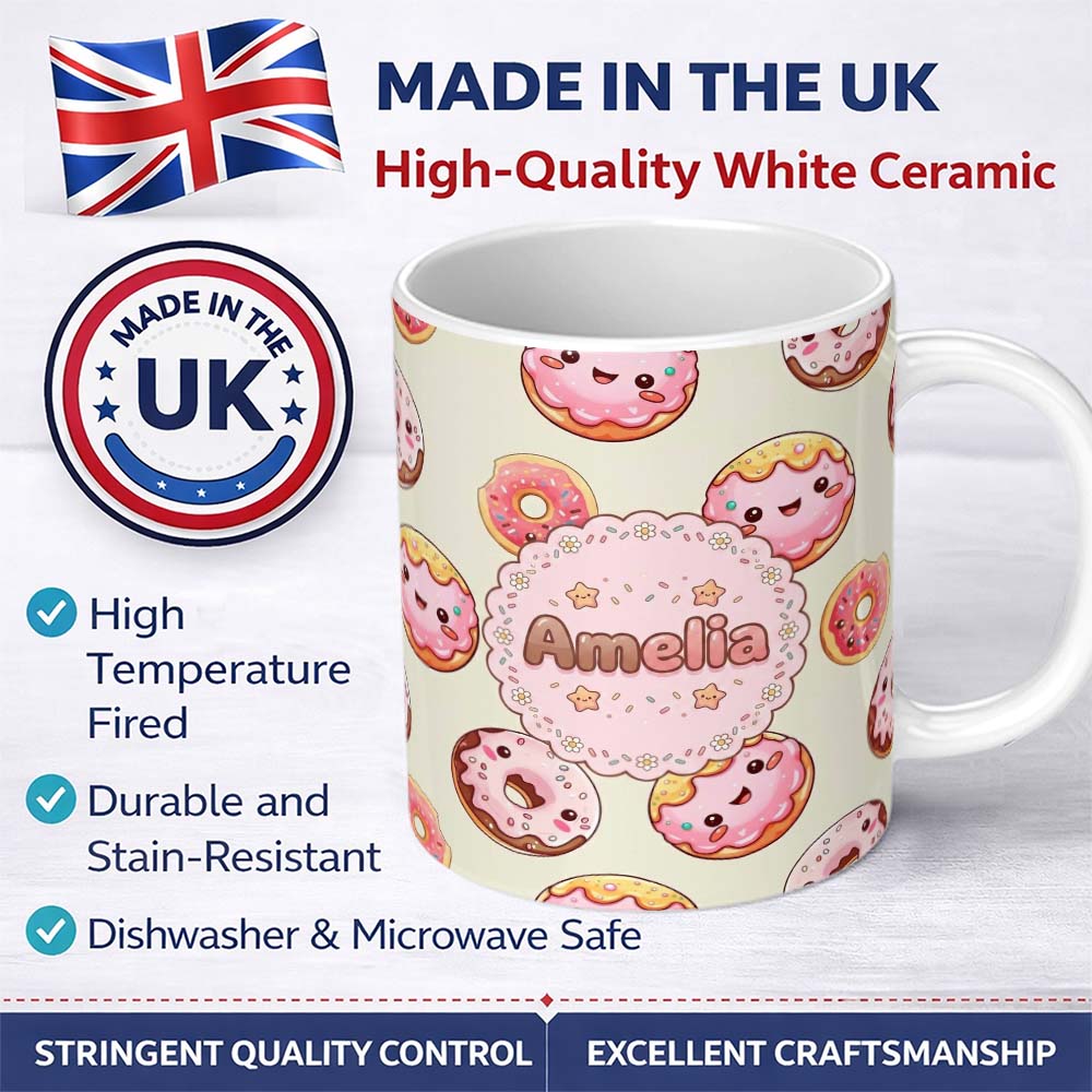 Personalized Custom Name Cute Kawaii Donuts Cream Background Sweet Dessert Seamless Pattern 11oz Ceramic Coffee Tea Mug White Large Handle