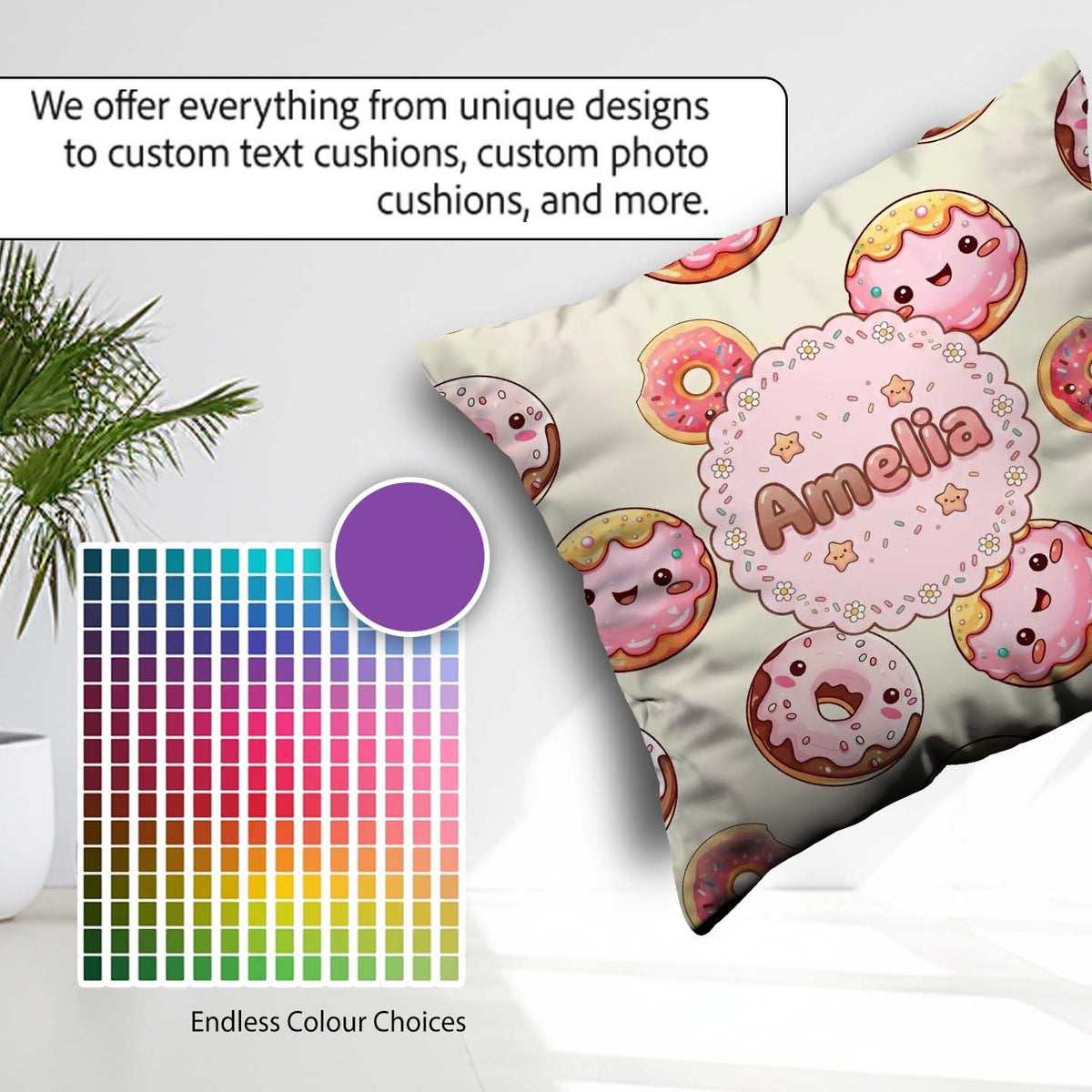 Custom Name Kawaii Donuts Cream Background Sweet Dessert Pattern Square Filled Cushion Throw Pillow Sofa Bed Home Decor Zip Washable UK Made