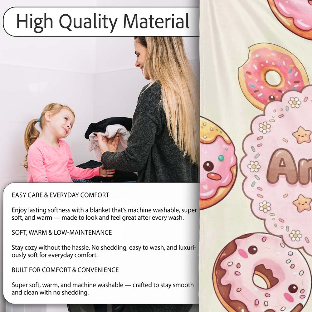 Cute Kawaii Donuts Cream Background Sweet Dessert Seamless Pattern  Personalised Custom Name Super Soft Fleece Blanket Bed Sofa Throw