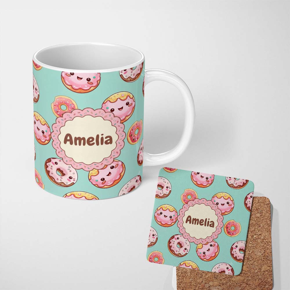 Personalized Custom Name Cute Kawaii Donuts Mint Background Sweet Dessert Seamless Pattern 11oz Ceramic Coffee Tea Mug White Large Handle