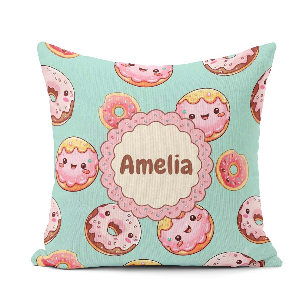 Custom Name Kawaii Donuts Mint Background Sweet Dessert Seamless Square Filled Cushion Throw Pillow Sofa Bed Home Decor Zip Washable UK Made