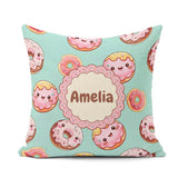 Custom Name Kawaii Donuts Mint Background Sweet Dessert Seamless Square Filled Cushion Throw Pillow Sofa Bed Home Decor Zip Washable UK Made