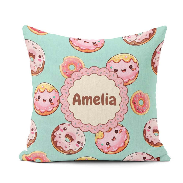 Custom Name Kawaii Donuts Mint Background Sweet Dessert Seamless Square Filled Cushion Throw Pillow Sofa Bed Home Decor Zip Washable UK Made
