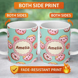 Personalized Custom Name Cute Kawaii Donuts Mint Background Sweet Dessert Seamless Pattern 11oz Ceramic Coffee Tea Mug White Large Handle