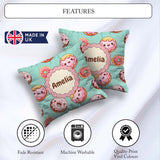 Custom Name Kawaii Donuts Mint Background Sweet Dessert Seamless Square Filled Cushion Throw Pillow Sofa Bed Home Decor Zip Washable UK Made